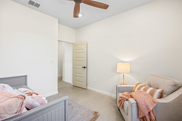 bedroom featuring light carpet and ceiling fan