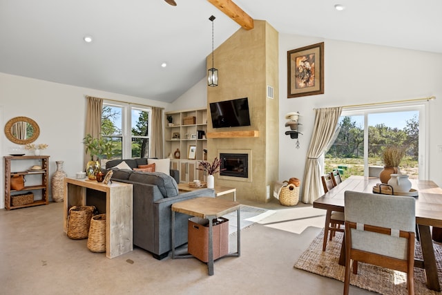 living room with a fireplace, high vaulted ceiling, beam ceiling, and light carpet