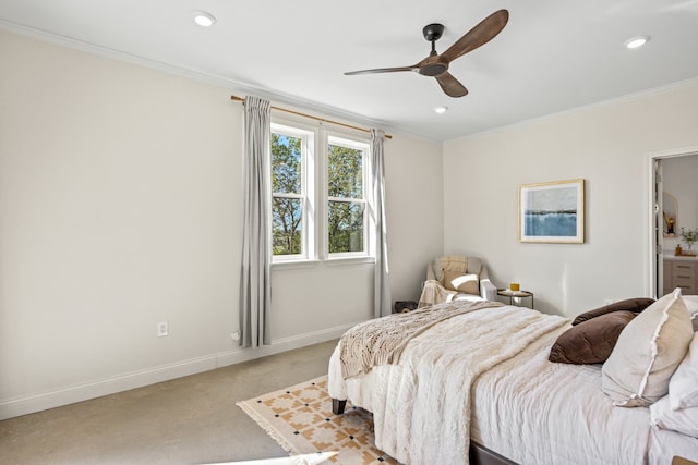 bedroom with ornamental molding, light carpet, and ceiling fan