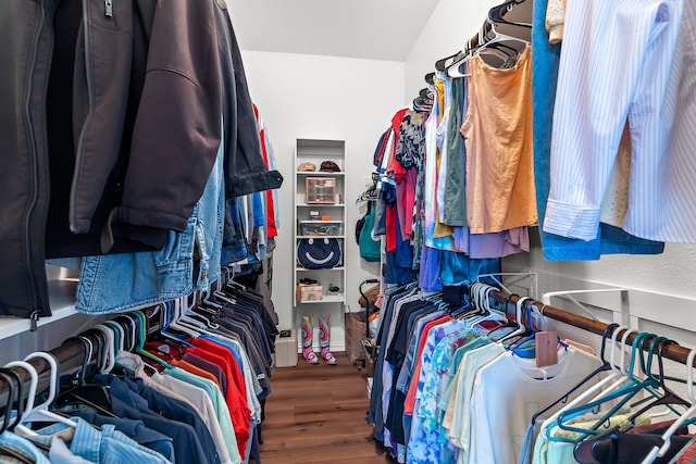 walk in closet with vaulted ceiling and hardwood / wood-style flooring