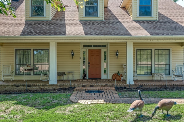 property entrance featuring a yard and a porch