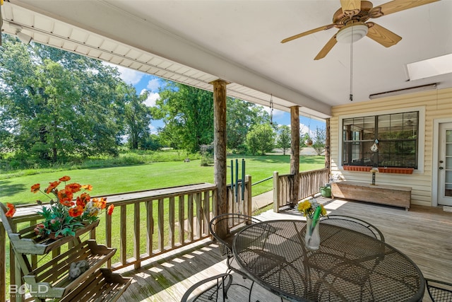 exterior space featuring a lawn and ceiling fan