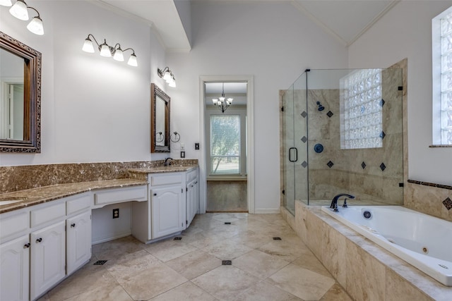 bathroom featuring ornamental molding, lofted ceiling, plus walk in shower, and vanity