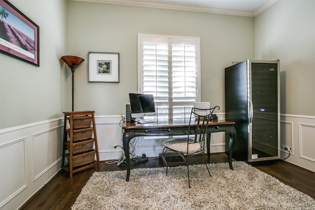 office featuring dark hardwood / wood-style flooring and ornamental molding