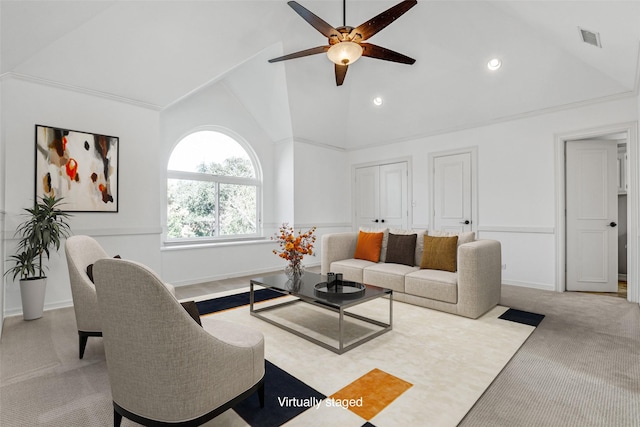 living room featuring ceiling fan, carpet flooring, and high vaulted ceiling