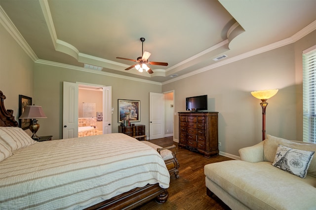 bedroom with ornamental molding, ensuite bath, ceiling fan, and dark hardwood / wood-style flooring