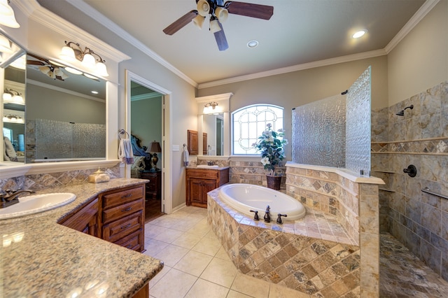 bathroom with ceiling fan, vanity, and separate shower and tub