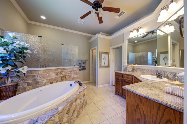 bathroom with vanity, ceiling fan, shower with separate bathtub, ornamental molding, and tile patterned floors