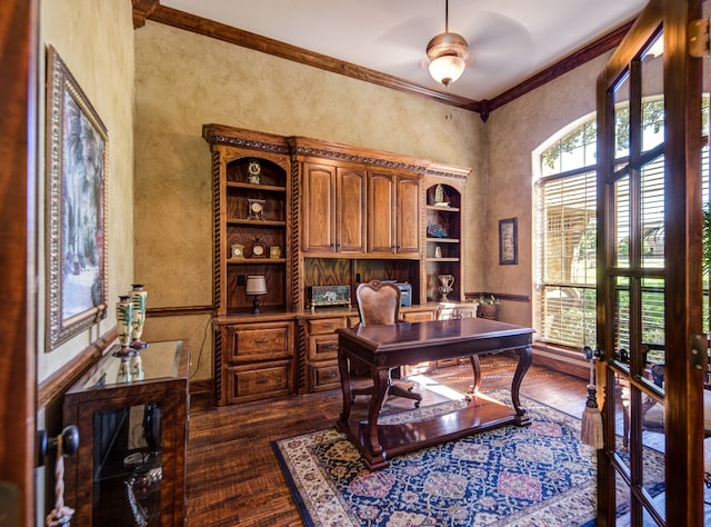 home office featuring ornamental molding, dark hardwood / wood-style floors, and ceiling fan