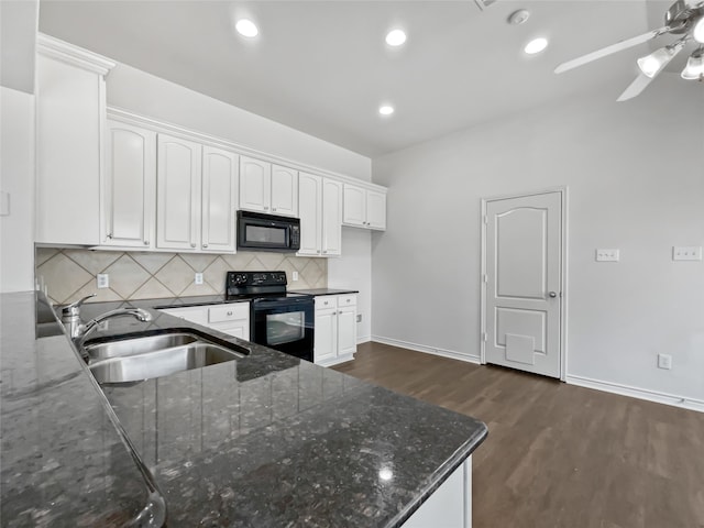 kitchen featuring dark stone counters, sink, white cabinetry, black appliances, and ceiling fan