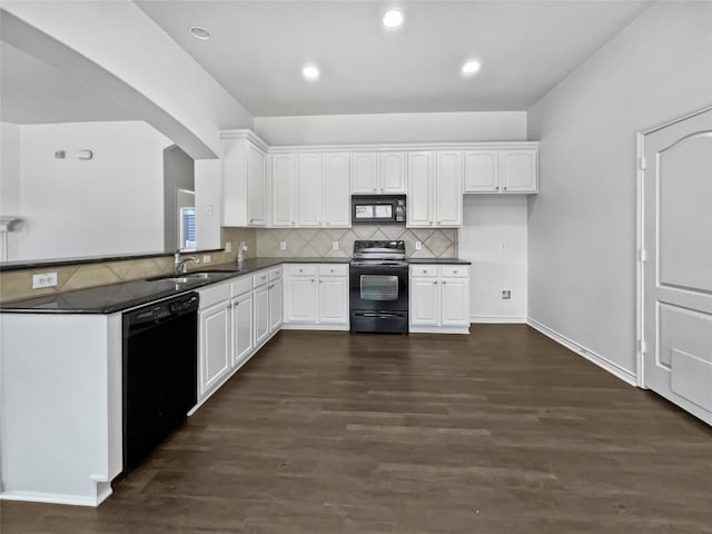 kitchen featuring white cabinets, sink, backsplash, black appliances, and dark hardwood / wood-style floors