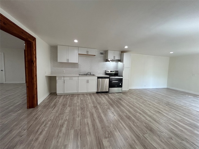 kitchen with white cabinets, sink, backsplash, appliances with stainless steel finishes, and light hardwood / wood-style floors