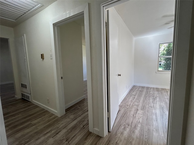 hallway with dark wood-type flooring