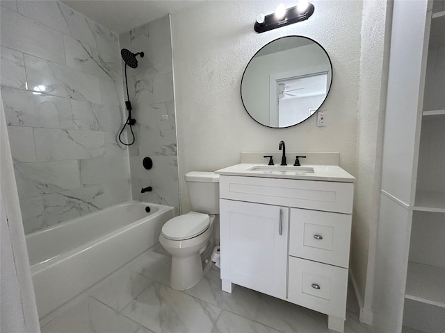 1526 Daniel Dr, Arlington, TX 76010 - bathroom featuring marble finish flooring, toilet, vanity, shower / bath combination, and a textured wall