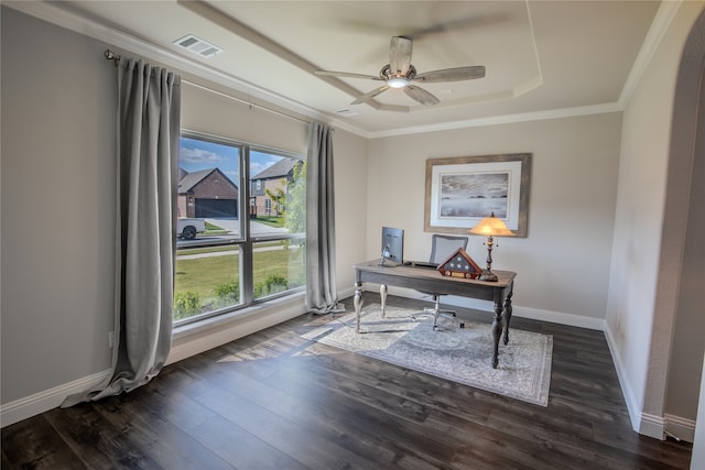 office space with ceiling fan, dark hardwood / wood-style floors, and crown molding