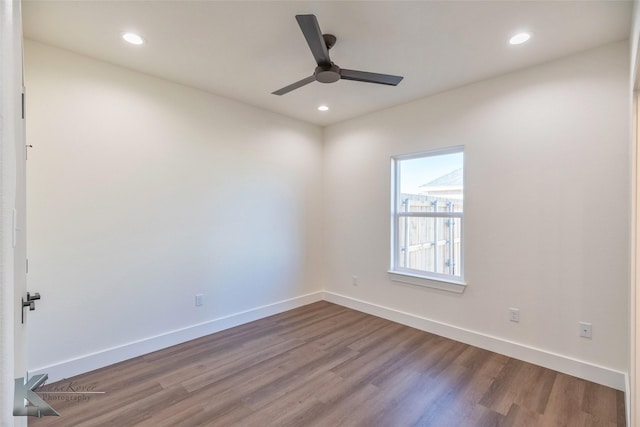 empty room featuring baseboards, recessed lighting, a ceiling fan, and wood finished floors