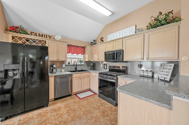 kitchen featuring backsplash, a textured ceiling, black appliances, lofted ceiling, and sink