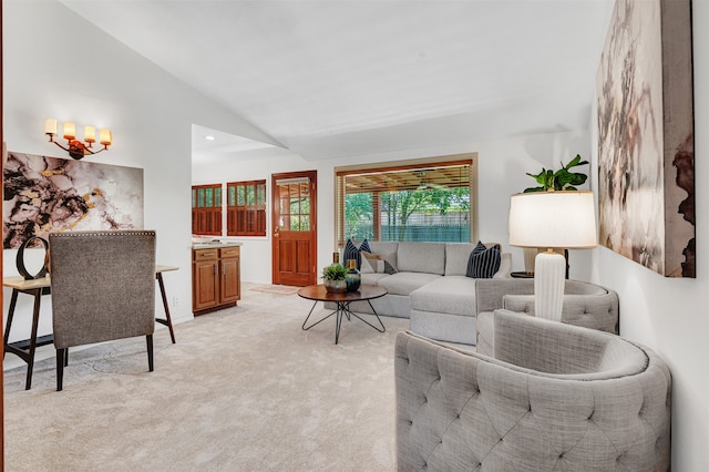 living room featuring light carpet and lofted ceiling