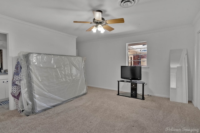 interior space with crown molding, light colored carpet, and ceiling fan