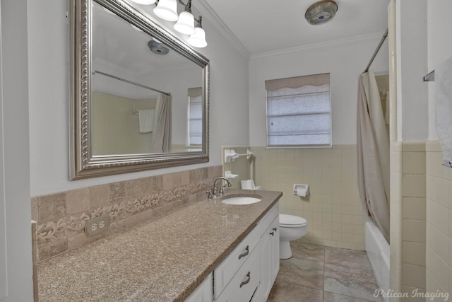 full bathroom with toilet, shower / bath combo with shower curtain, vanity, ornamental molding, and tile walls