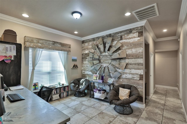 office with light tile patterned flooring and ornamental molding