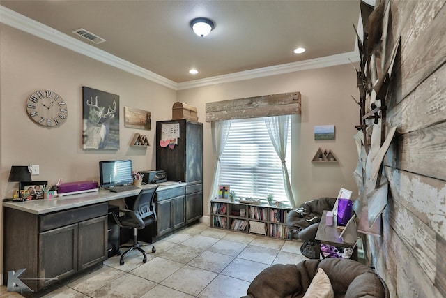 tiled home office featuring crown molding