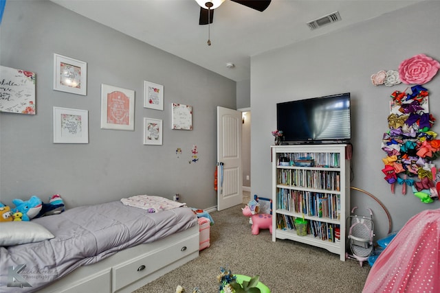 carpeted bedroom with ceiling fan