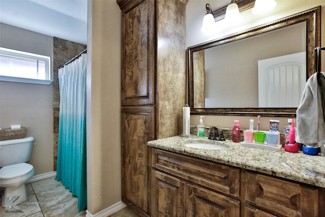 bathroom featuring tile patterned floors, walk in shower, vanity, and toilet