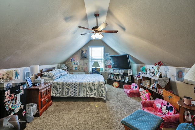 carpeted bedroom with lofted ceiling, ceiling fan, and a textured ceiling