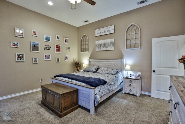 carpeted bedroom with ceiling fan