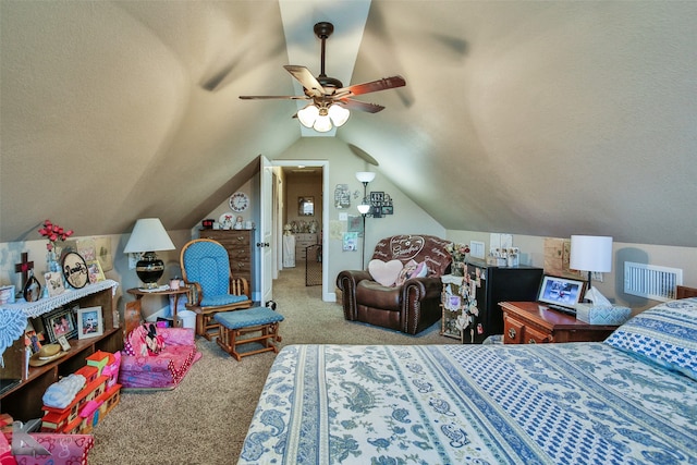 carpeted bedroom featuring lofted ceiling and ceiling fan