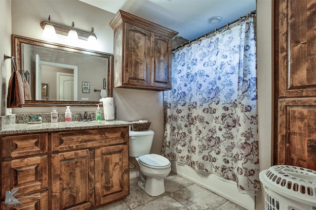 full bathroom with shower / bath combination with curtain, tile patterned flooring, vanity, and toilet