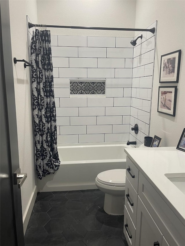 full bathroom with shower / bath combo with shower curtain, vanity, and toilet