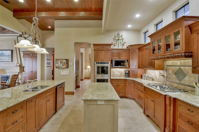 kitchen featuring stainless steel appliances, a kitchen island with sink, sink, wooden ceiling, and hanging light fixtures