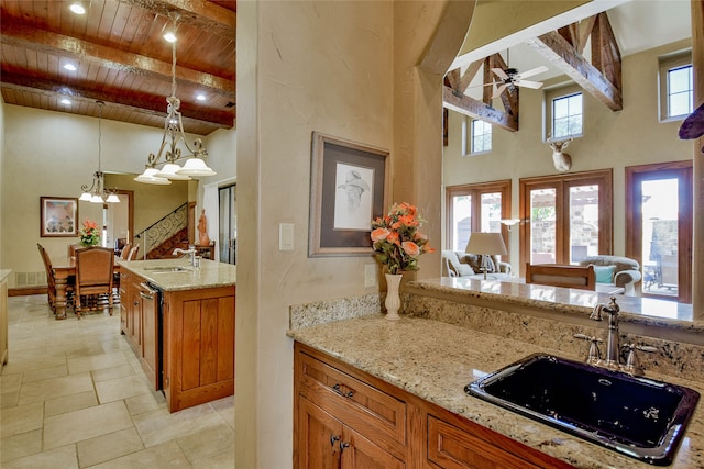 kitchen featuring sink, decorative light fixtures, plenty of natural light, and wood ceiling