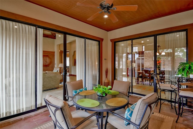 interior space with ceiling fan and wooden ceiling