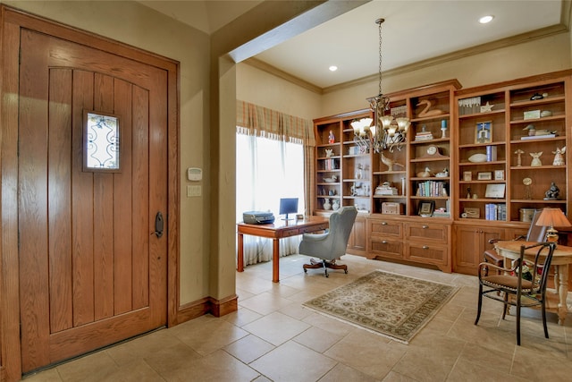 tiled office with an inviting chandelier and ornamental molding