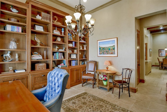 home office featuring a notable chandelier and ornamental molding