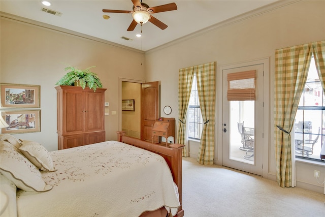 bedroom with access to exterior, ceiling fan, crown molding, and light carpet