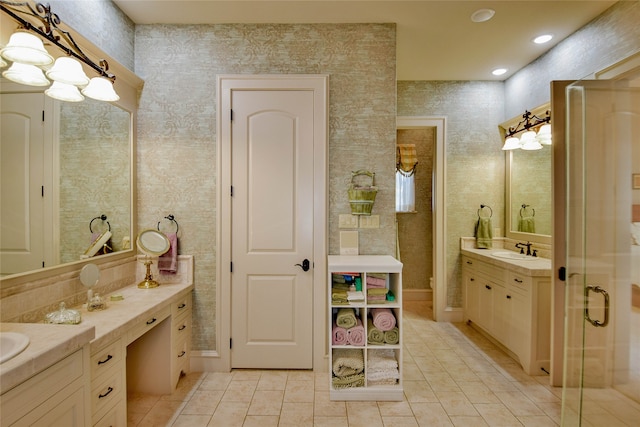 bathroom featuring vanity, tile patterned floors, and an enclosed shower