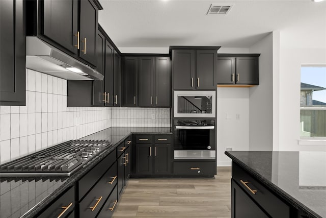 7513 Wild Mint Trl, Midlothian, TX 76084 - kitchen with stainless steel appliances, under cabinet range hood, decorative backsplash, dark stone counters, and light wood-type flooring