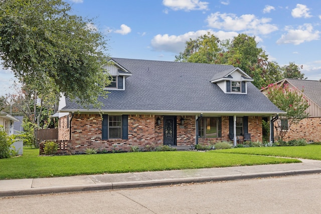 cape cod house featuring covered porch and a front yard