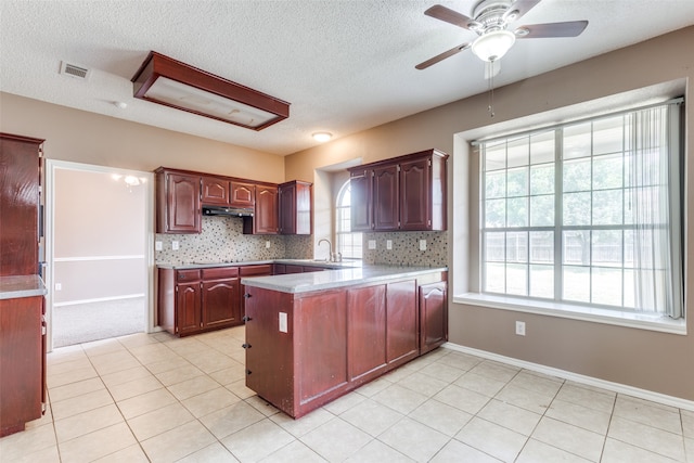 kitchen with kitchen peninsula, ceiling fan, plenty of natural light, and a textured ceiling