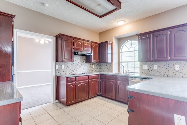 kitchen featuring light tile patterned floors, sink, a textured ceiling, black electric stovetop, and decorative backsplash