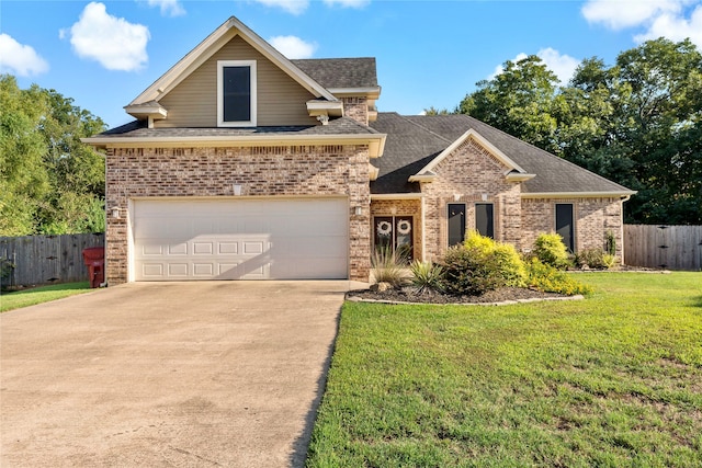 view of front of property featuring a garage and a front lawn