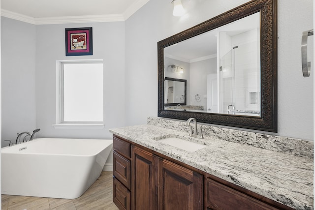 bathroom with crown molding, vanity, and plus walk in shower