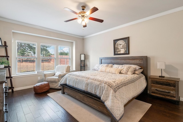 bedroom with ceiling fan, crown molding, and dark hardwood / wood-style flooring