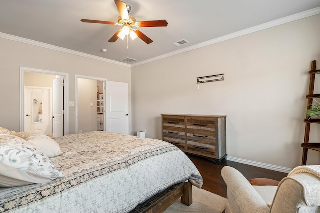 bedroom with dark hardwood / wood-style flooring, ceiling fan, and crown molding