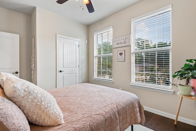 bedroom featuring dark hardwood / wood-style floors and ceiling fan