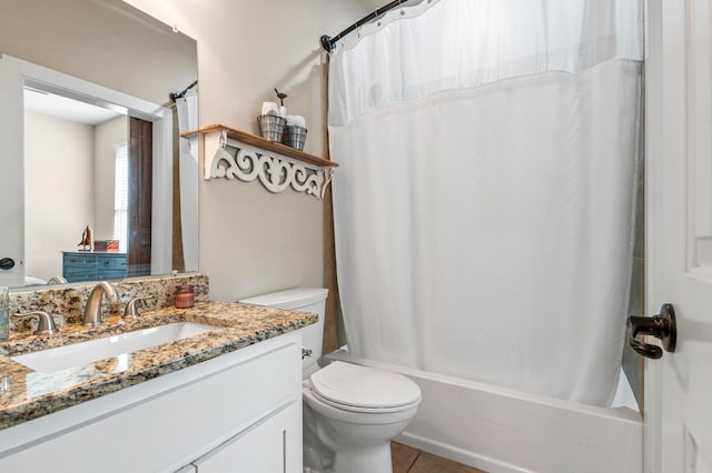 full bathroom with vanity, toilet, tile patterned floors, and shower / bath combination with curtain